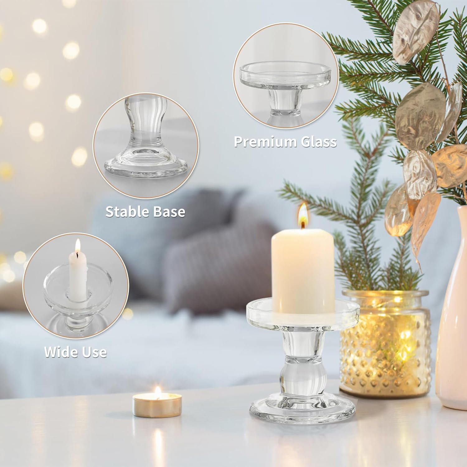 Skiennix Glass Candle Holders - Elegant 3-Piece Crystal Clear Design for Pillar & Taper Candles