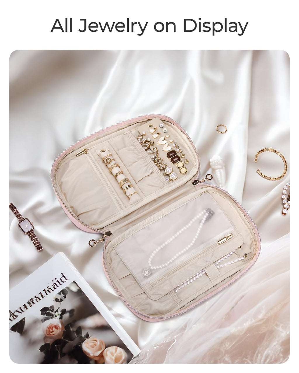 BAGSMART Travel Jewelry Case Jewelry Organizers and Storage Earings Holder Organizer for Women Necklace Holder Jewelry Rolls for Necklaces, Earrings, Bracelets-Pink