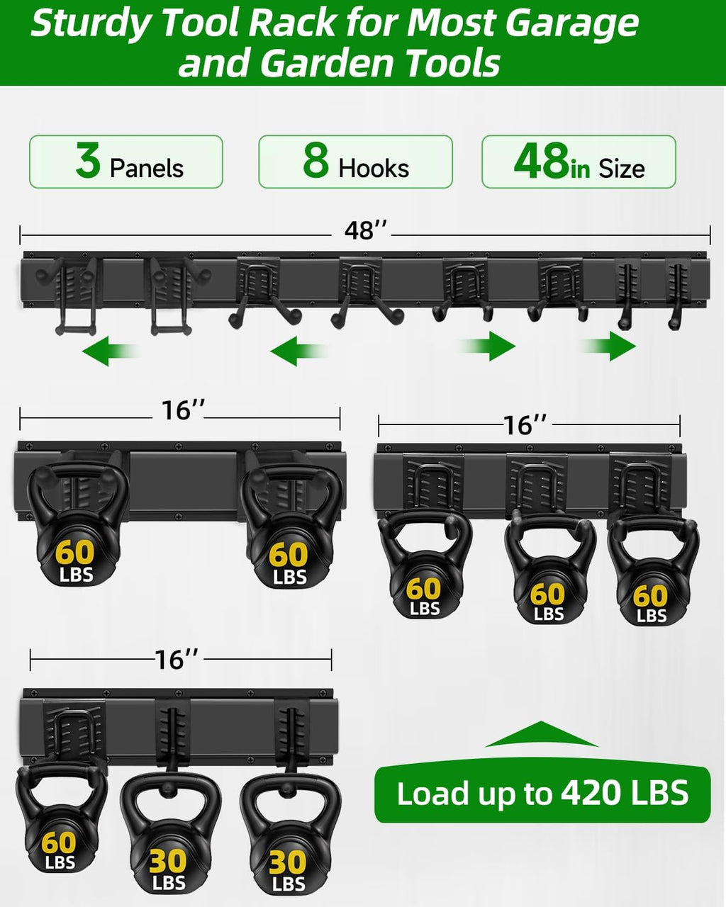 PIYILO Garden Tool Organizer - 48-Inch Heavy Duty Wall Rack with 18 Garage Hooks for Yard Tools
