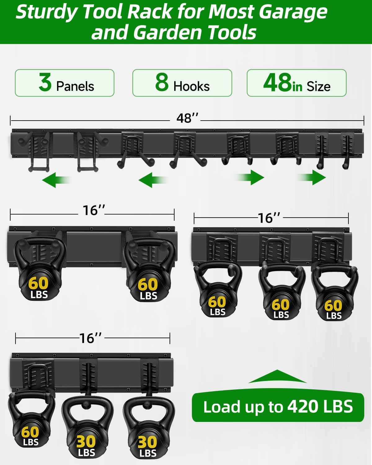 PIYILO Garden Tool Organizer - 48-Inch Heavy Duty Wall Rack with 18 Garage Hooks for Yard Tools