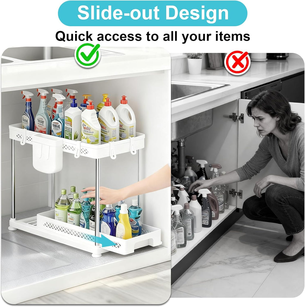Under Kitchen Sink Organizer - 2-Tier Multi-Purpose Storage for Kitchen & Bathroom | White, 2 Pack