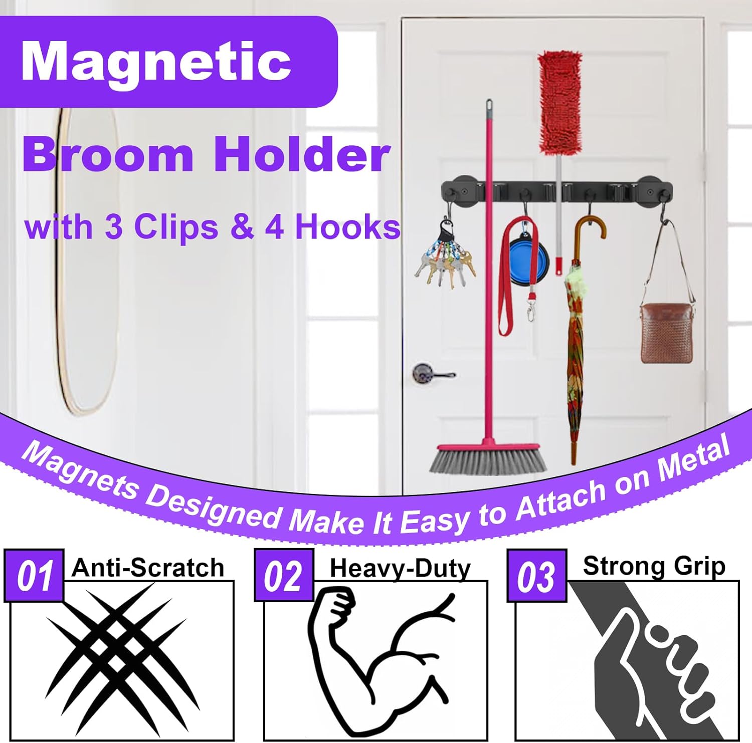 Skiennix Magnetic Mop Holder - Heavy Duty Swivel Hook Organizer for Cleaning Tools | Ideal for Garage & Kitchen