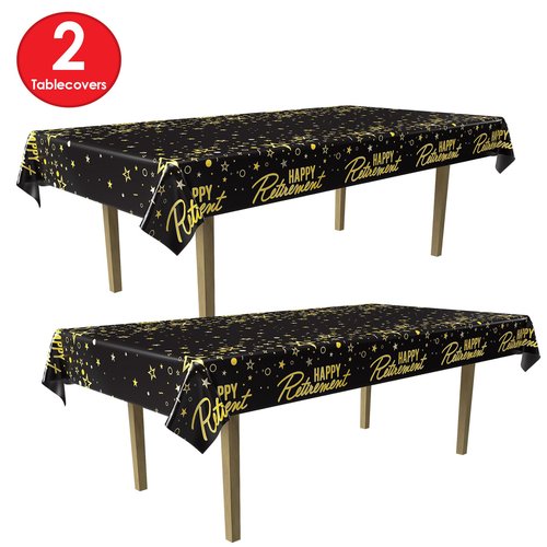 Beistle 2 Piece Metallic Happy Retirement Tablecovers, 54” x 108”, Plastic Party Tablecloths in Black, Gold, Silver