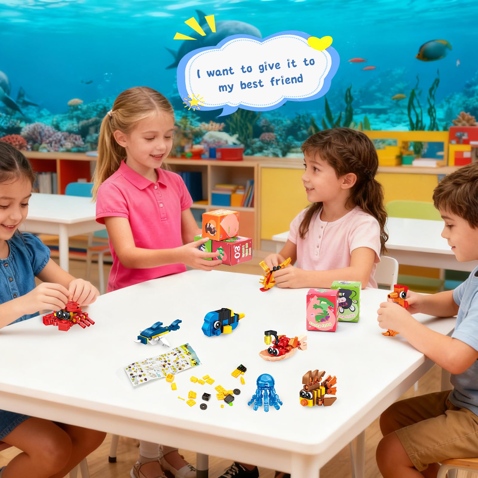 Giveuplay 24 Packs Party Favors for Kids, Ocean Mini Animals Toy Building Block Set for Easter Valentines Day Classroom Prizes Goodie Bag Stuffers Birthday Gifts for Boys Girls Ages 6-12+