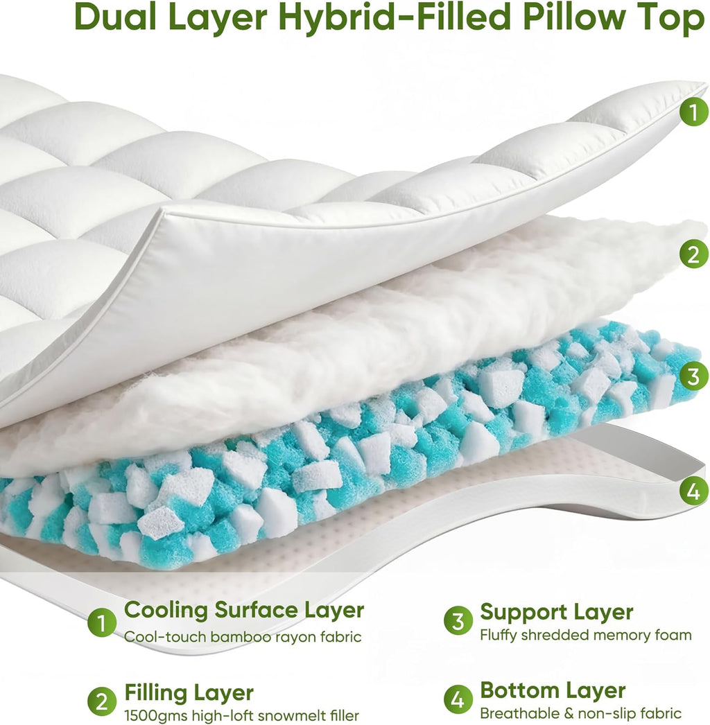 Skiennix Extra Thick Memory Foam Mattress Topper - Dual Layer 2.5" Gel Foam & Bamboo Pillow Top | Queen Size 80x60x5in