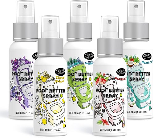 Clean-n-Fresh Toilet Spray Variety Pack - 5 Travel Essentials in Citrus, Hibiscus, Lavender, Eucalyptus & Beach Coco (1.7 Fl Oz Each)