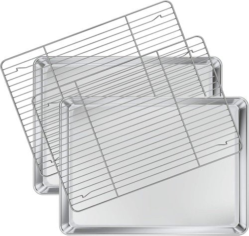 Deedro Baking Sheet Set - Stainless Steel Cookie Half Sheets with Cooling Racks | 2 Sheets + 2 Racks, 17.32 x 12.28 Inches