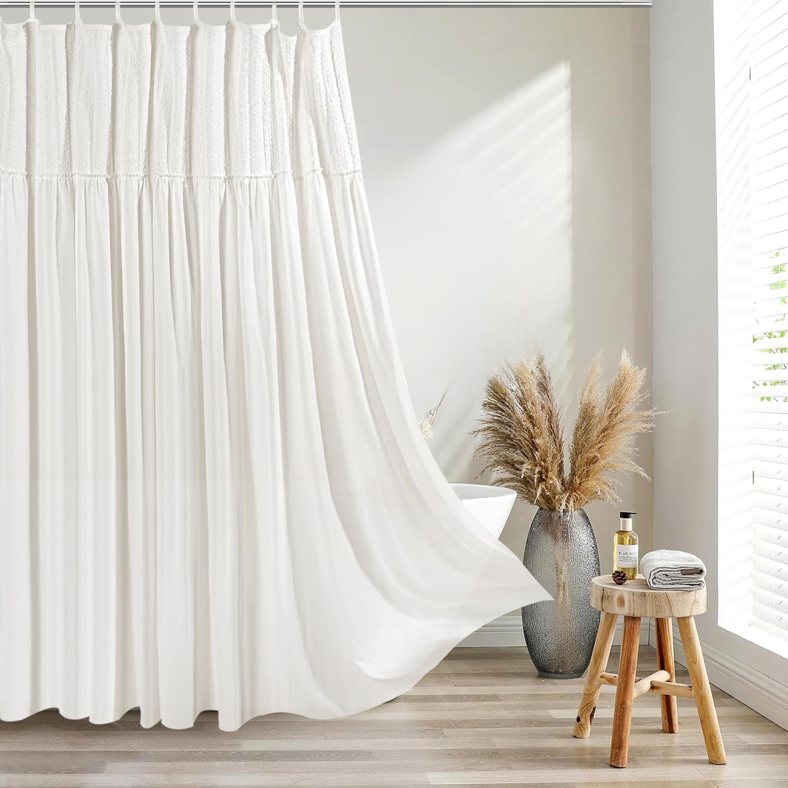 Treory Valentine’s Day White Shower Curtain Set, Victorian Linen Shower Curtain for Bathroom with Fabric Ropes, Romantic Modern Decor for Girls & Women, 72" x 72"