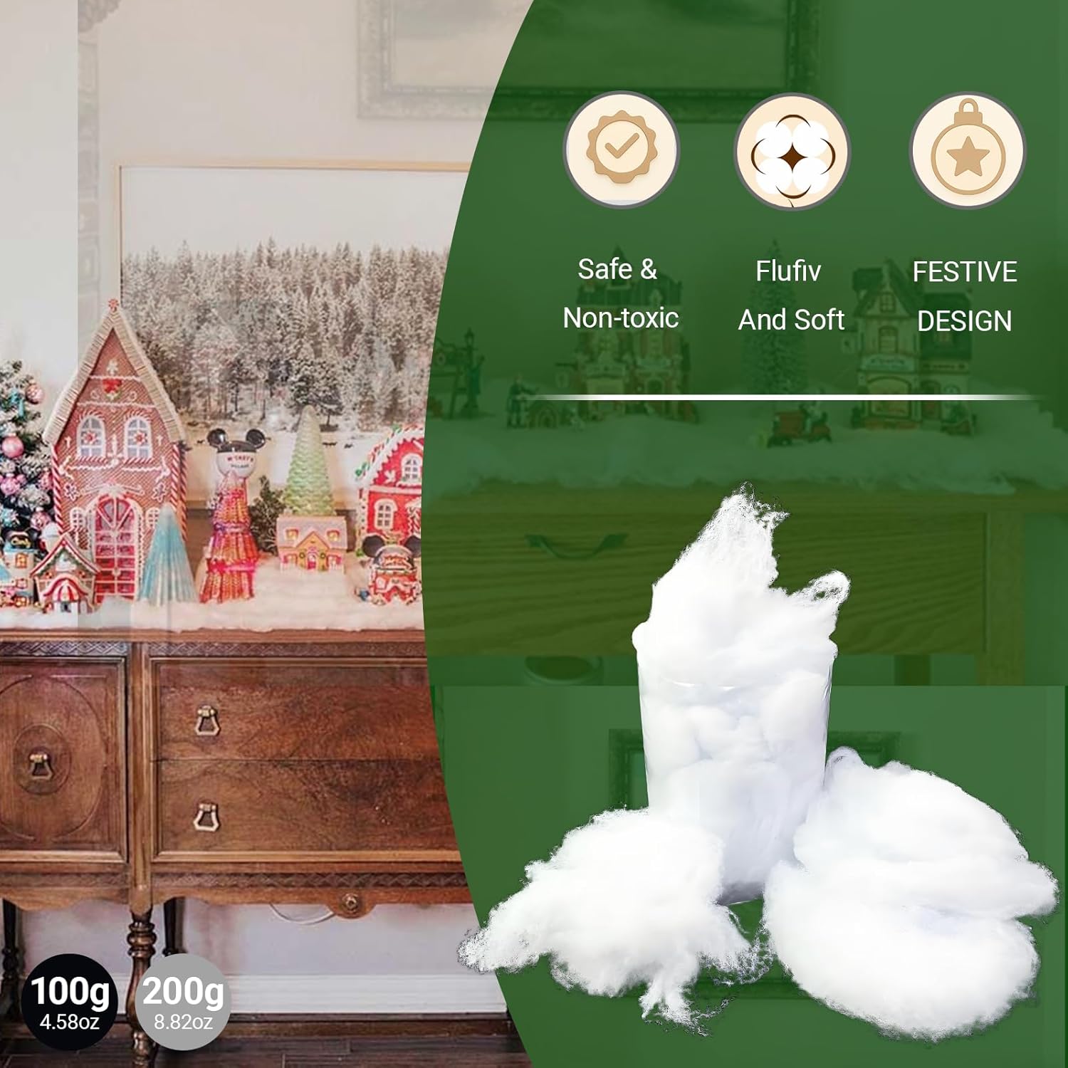 Skiennix Fake Snow Decor - Fluffy Flame Resistant Artificial Snow for Indoor Winter Decoration | 0.22 Pounds