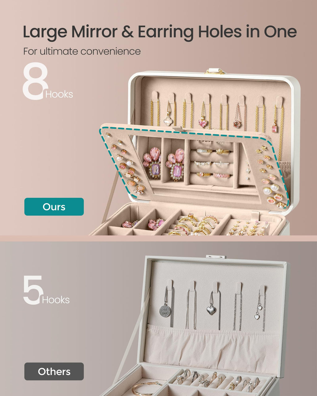 SONGMICS Jewelry Box Organizer with Mirror, 2-Layer Jewelry Holder Case, Removable Tray, 6.9 x 8.7 x 4.3 Inches, Earring Necklace Storage, Gift Idea, Cloud White UJBC200W01