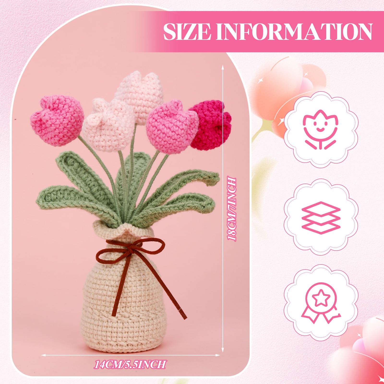 Marsui Crochet Knitting Tulip Bouquet with Vase 7" Knitted Artificial Forever Tulip Handmade Woven Flower with Exquisite Pot Gift for Valentine's Day Back to School Gift Family Home Desk Decor(Pink)