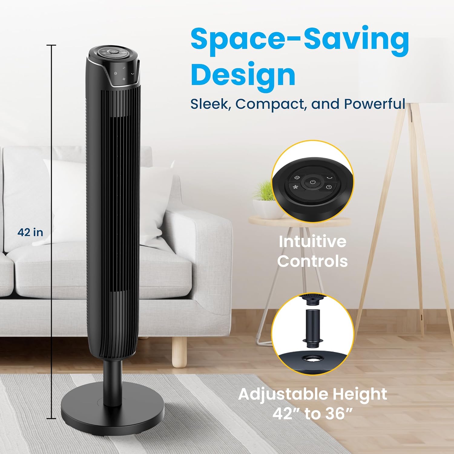 Senville 42" Bladeless Oscillating Tower Fan - Quiet Operation, Remote Control, 3 Modes, Black