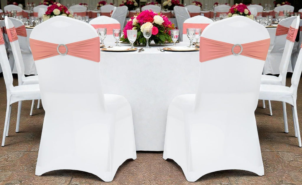 MDS Premium Spandex Chair Sashes - Stretch Chair Cover Bands with Buckle Slider | Pack of 100 - Coral Peach