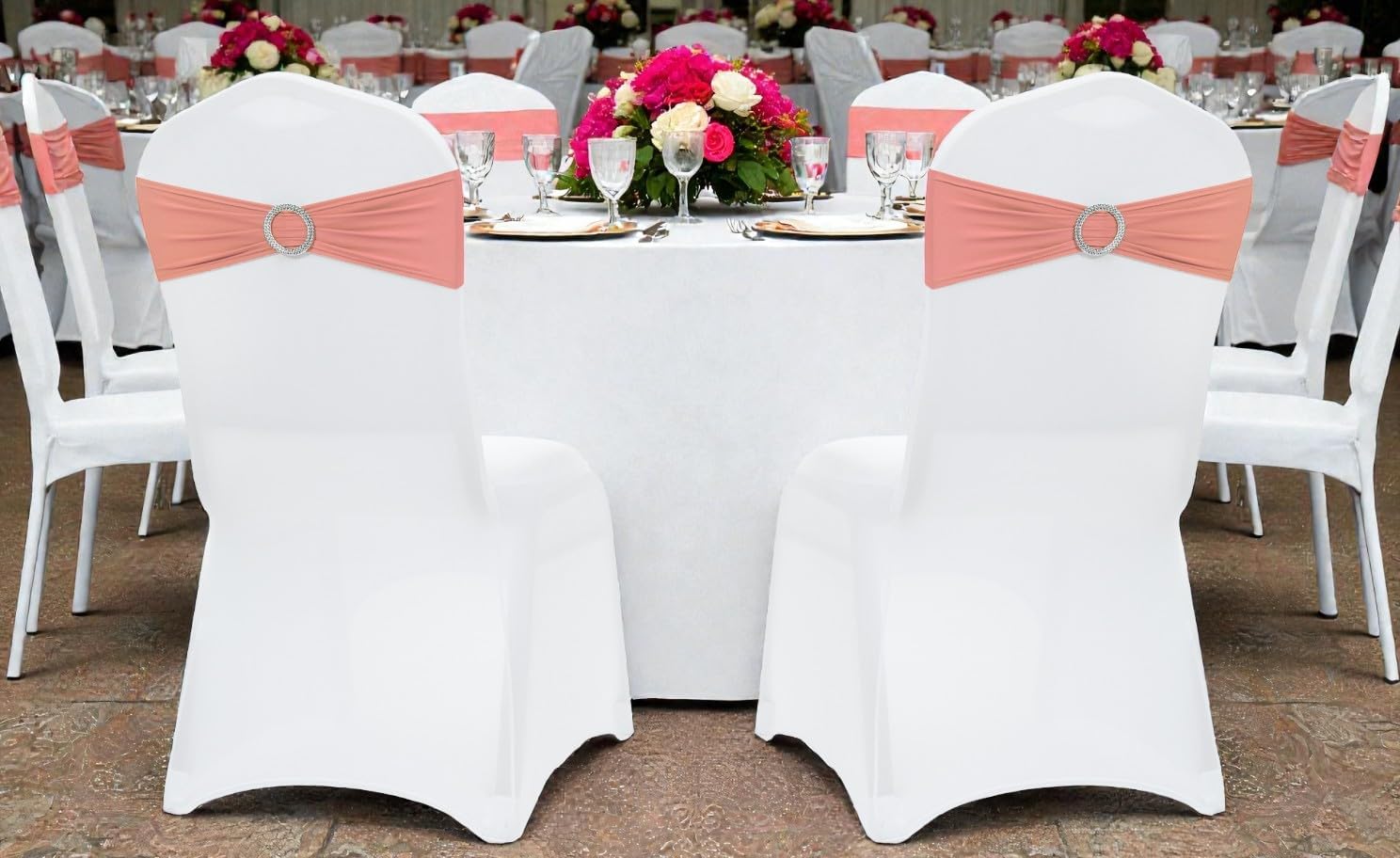 MDS Premium Spandex Chair Sashes - Stretch Chair Cover Bands with Buckle Slider | Pack of 100 - Coral Peach