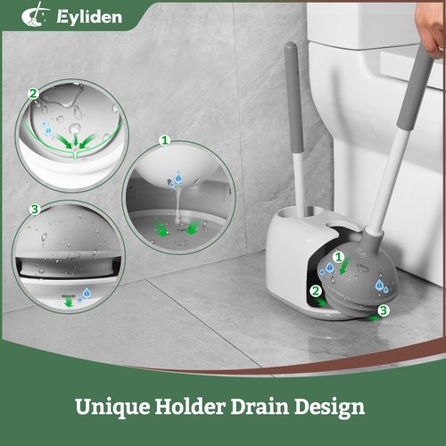 Eyliden Toilet Plunger & Brush Set, Upgrade 3-Step Suction Cup - Ultra-Tight Seal, Durable, Space-Saving Toilet Deep Cleaning Combo with Holder, Bathroom Essentials, White & Grey, Nylon Bristles