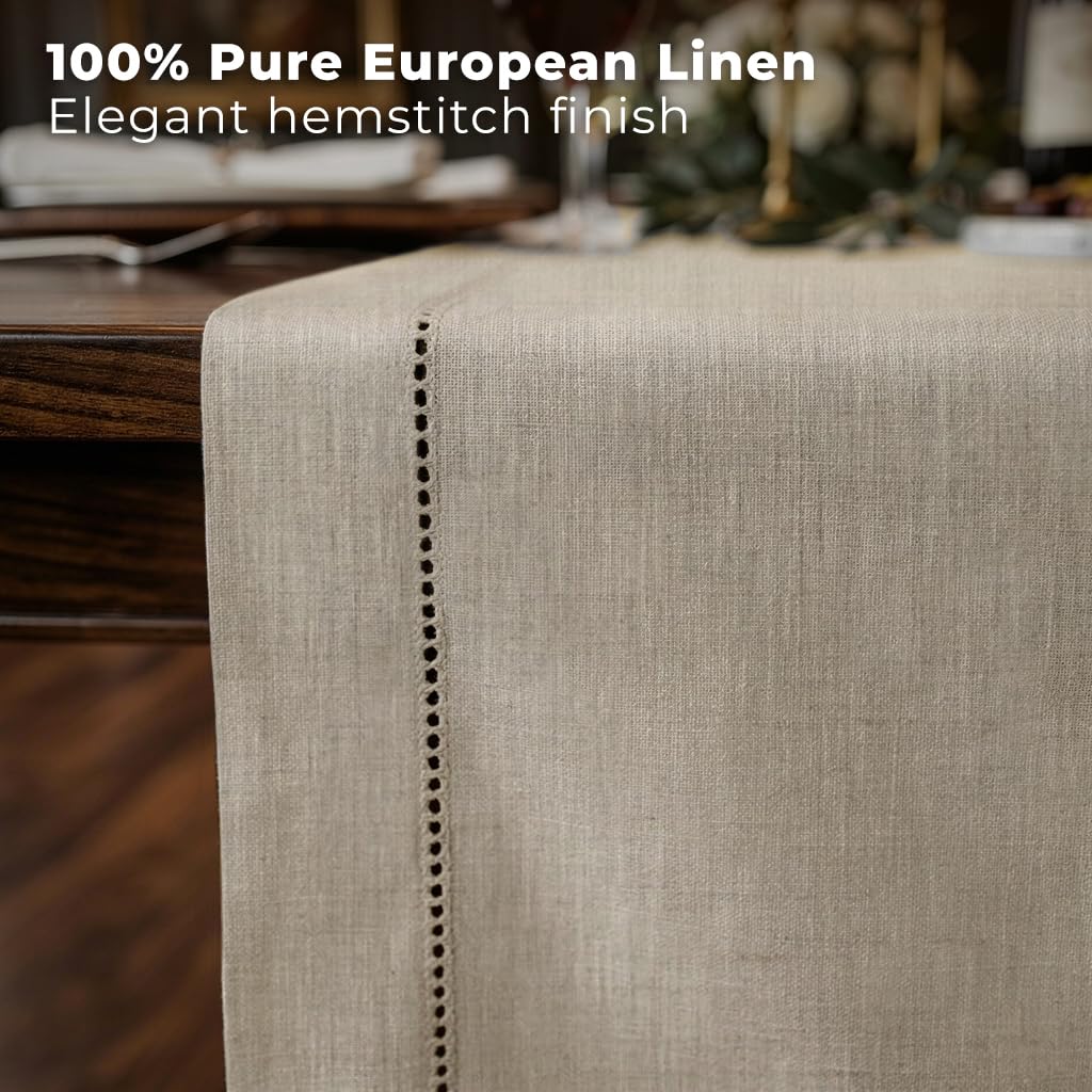 D'Moksha Homes Linen Kelly Green Table Runner 144 Inches Long - 100% Pure Linen Extra Long Table Runner 14 x 144 Inch for Mothers Day - Classic Hemstitch