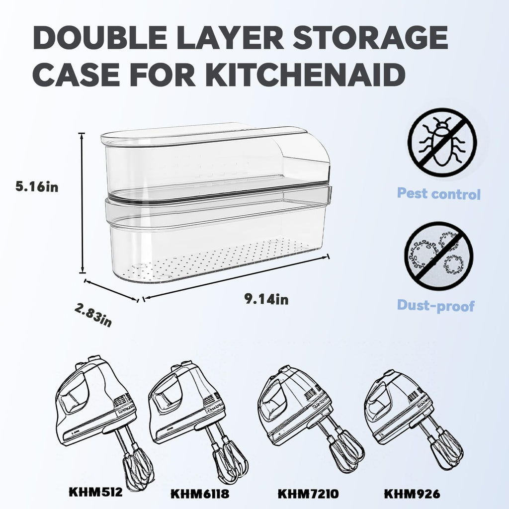 Hand Mixer Storage Case for KitchenAid KHM5/KHM6/KHM7/KHM9 Series Ultra Power Speed Hand Mixers, Double layer Crylic Transparent Storage Box (Hand Mixer Not Included) (Storage Case)