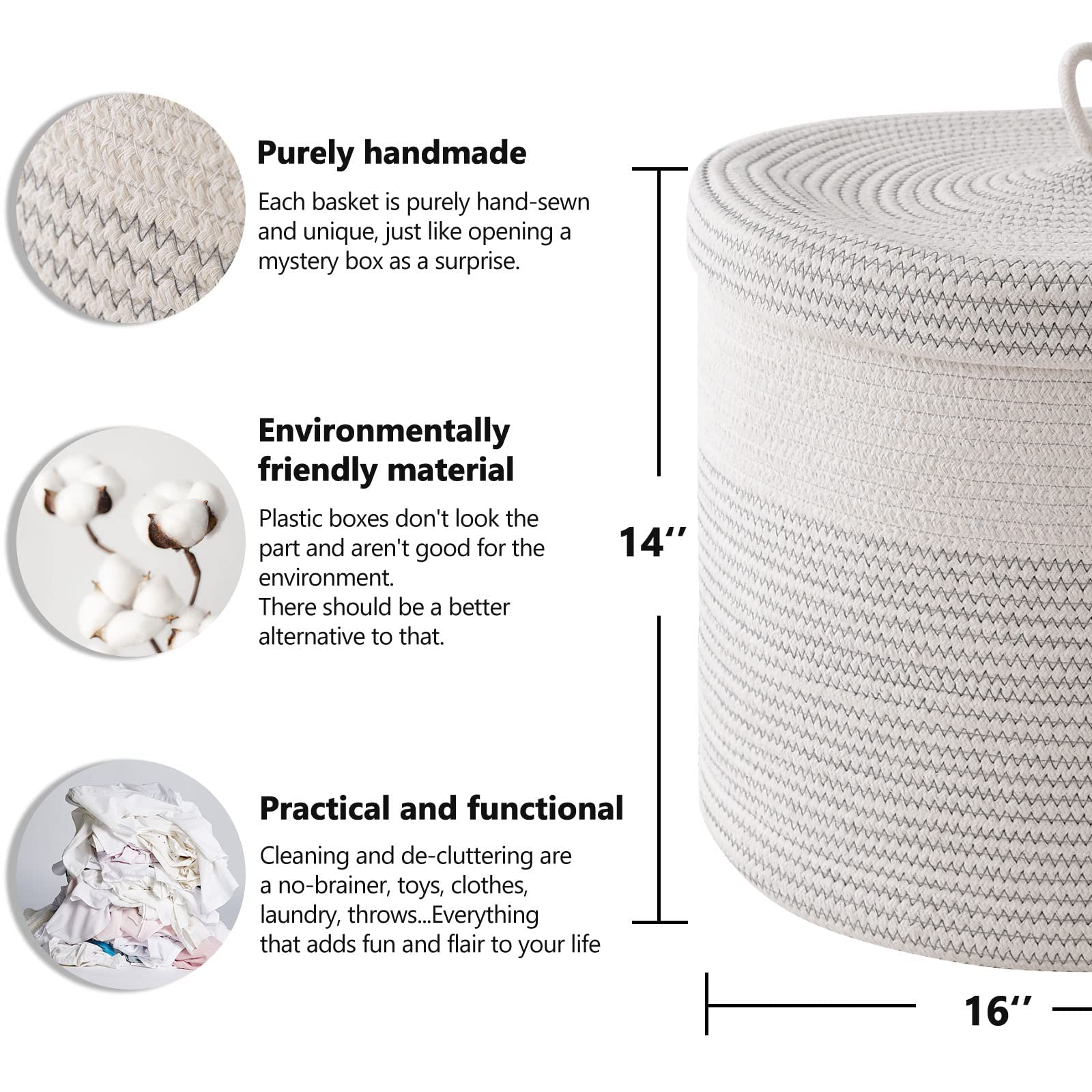 Tegance Blanket Basket with Lid, 16"D x 14"H Large Woven Rope Basket Laundry Basket Baby Toy Storage Basket Hamper Decorative Nursery Bin for Living Room Bedroom with Handles