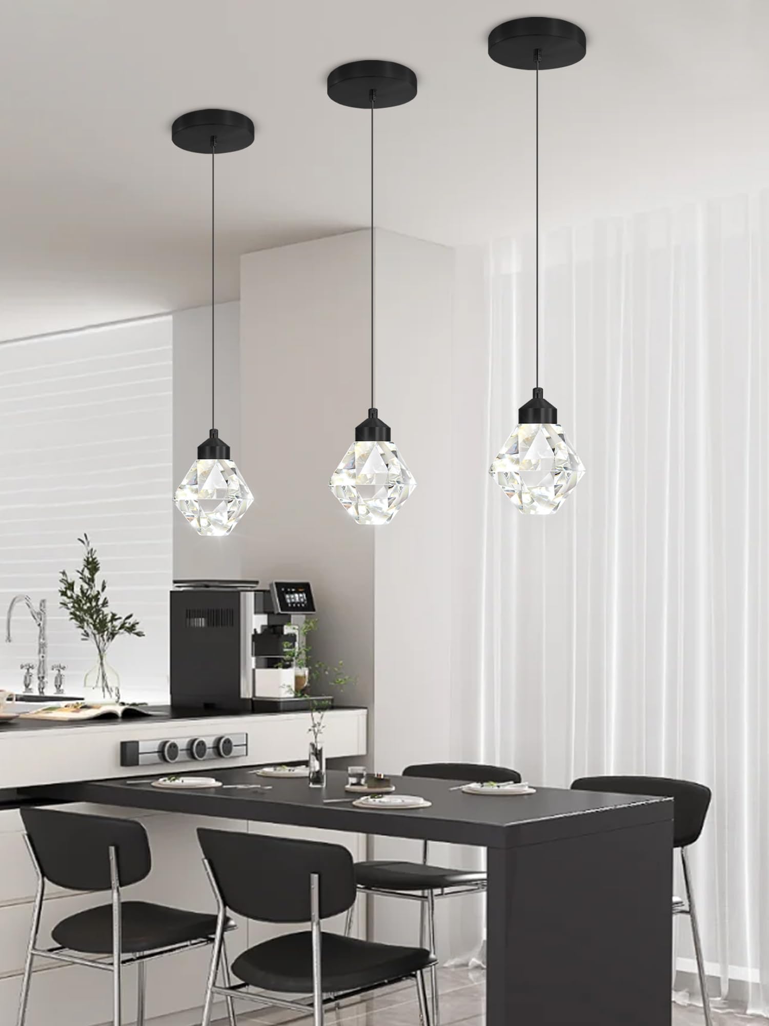 Crystal Pendant Light for Kitchen Island,Black Chandelier Lights Fixture, Hanging Lighting Ceiling Light Fixture Modern Adjustable Pendant Lighting for Dining Room Bedroom