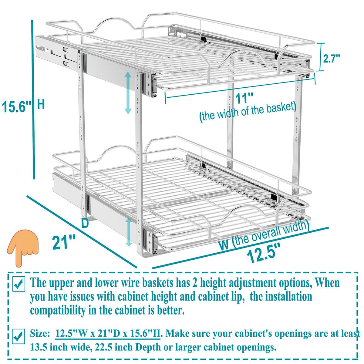 OCG 2 Tier Pull Out Cabinet Organizer (12.5" W x 21" D), Pull Out Drawers for Kitchen Cabinets, Pull Out Shelves for Base Cabinet Organization in Kitchen Bathroom Pantry, Chrome Finish