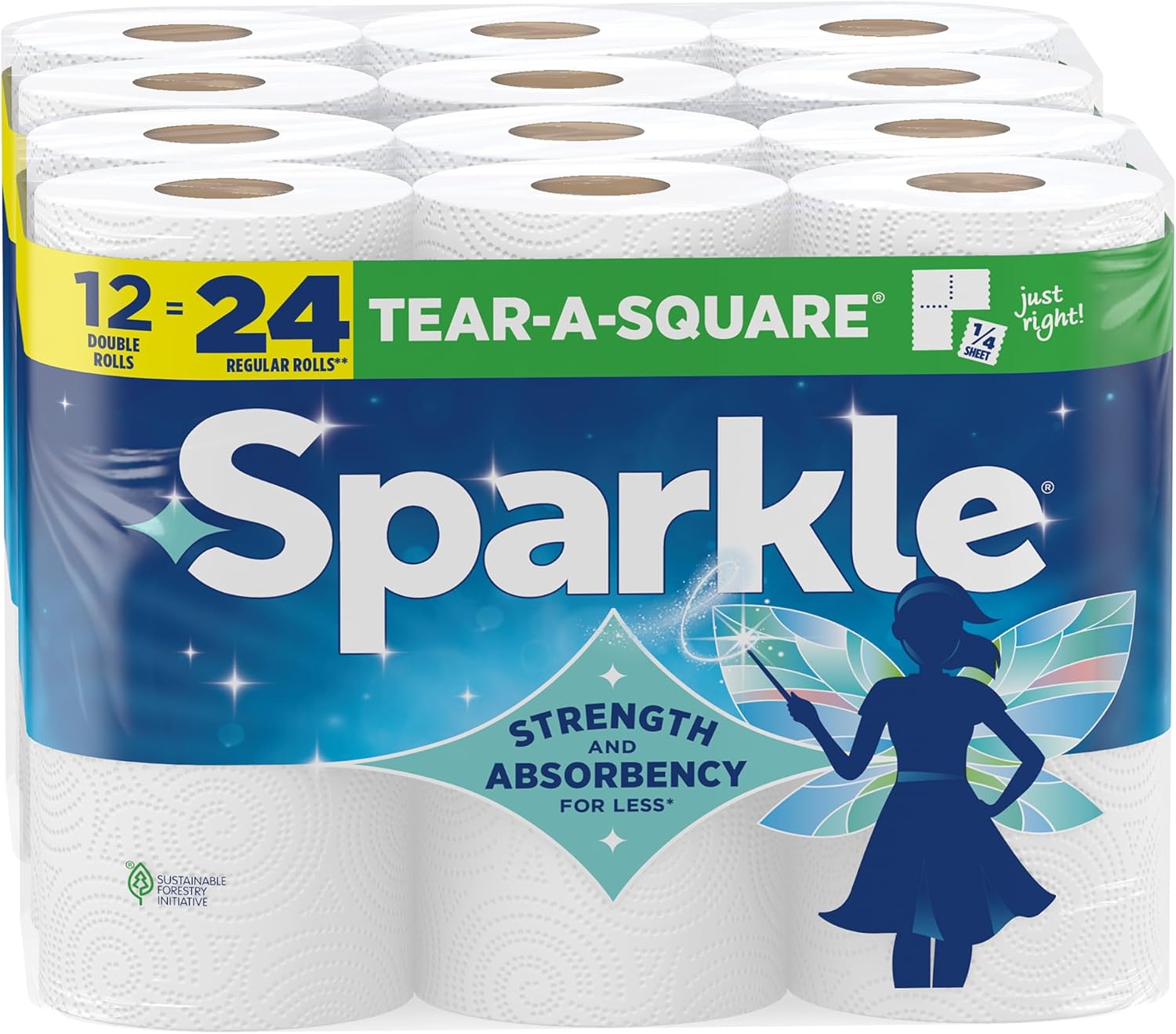 Sparkle Tear-A-Square Paper Towels - Strong 2-Ply Kitchen Towels, 12 Double Rolls for Everyday Cleanup