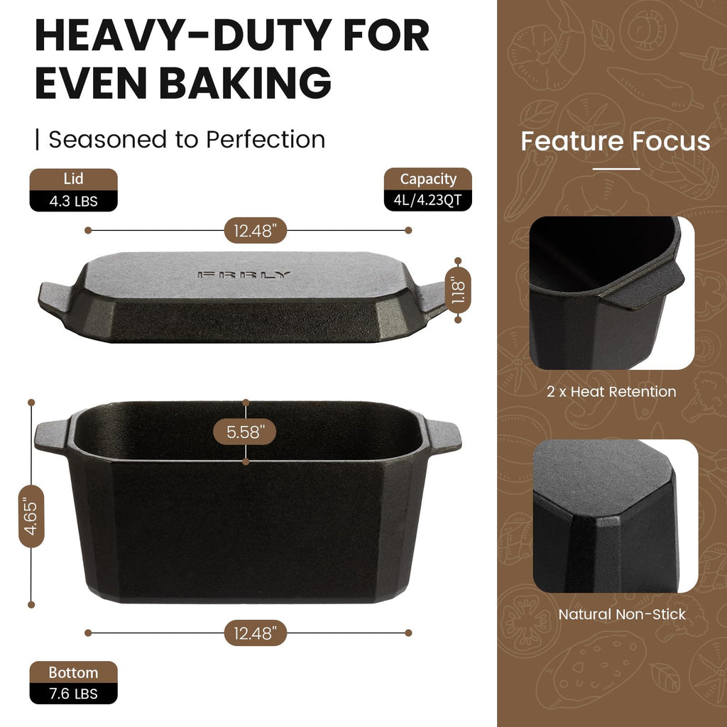 FRRLY Cast Iron Bread Loaf Pan with Lid,Bread Baking Pan,Cast Iron Dutch Oven for Sourdough,10 x 5 Inch Pre-seasoned Even Heat Distribution Baking Pan for Homemade Bread