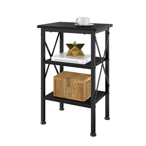 VECELO End Table, 24" Tall Living Room Side Tables, X-Design Reinforced Bedside Table, Nightstands with 3-Tier Storage Shelves for Small Spaces, Office, Bathroom, Bedroom, Classic Black, 1 Pack