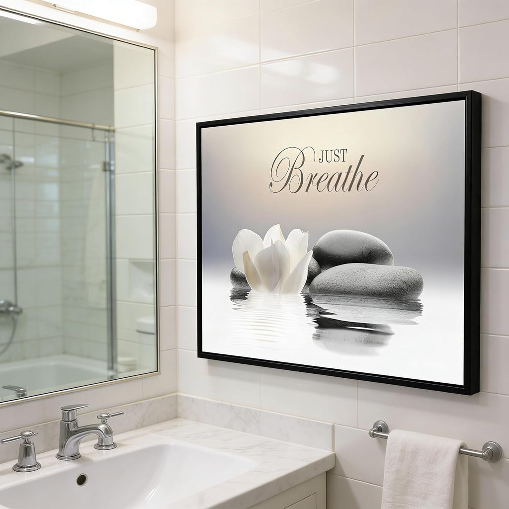MKCIPJWC Zen Stone Wall Art - Just Breathe Yoga Quotes Canvas Print | White Lotus Flower, 12x16 Inch