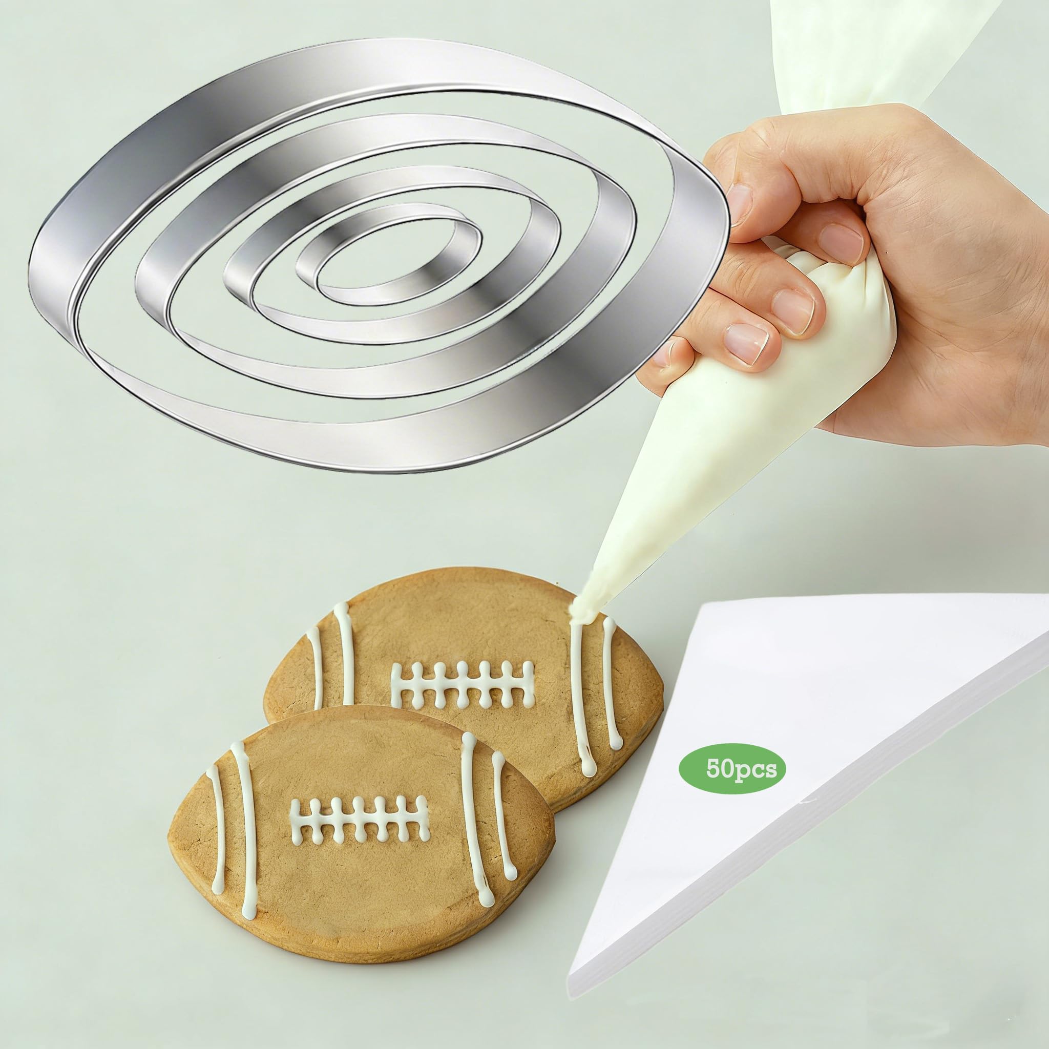 6pcs Football Cookie Cutter Set with 50pcs Tipless Piping Bags, Stainless Steel Football Biscuit Molds for Parents-Kids Baking, DIY Party Cookies,Sandwich/Picnic