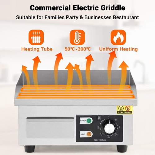 GarveeHome 14 in Commercial Electric Griddle,110V 1500W Electric Restaurant Teppanyaki Flat Top Grill with Shovels & Brushes, Non-Stick Countertop Griddle, Adjustable Temperature Control 122°F-572°F