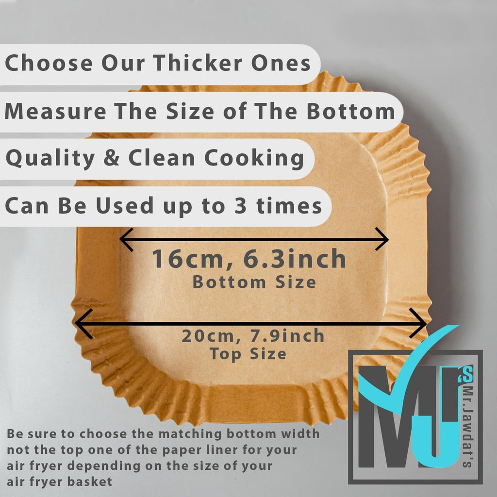 Mr. Jawdat's Extra Strong Air Fryer Disposable Paper Liners - 100 Non-Stick Square Liners (6.3 Inch)