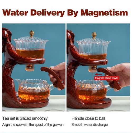 Lazy Kungfu Magnetic Tea Pot, Semi Automatic Glass Teapot, Lazy Kungfu Drip Teapot, Magnetic Attraction Water Rotating Cover Bowl Suitable for Home/Office Reception Tea Set (Red Maiden)