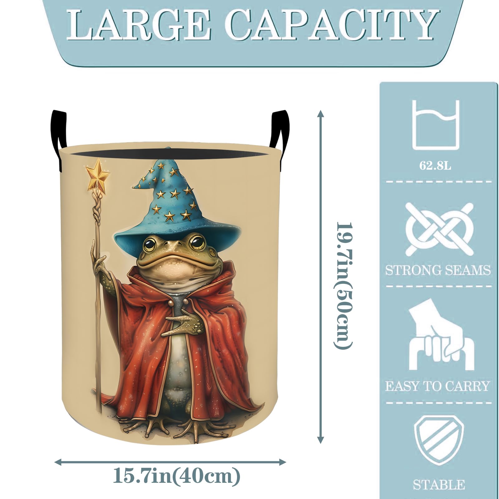 VODRM Wizard Frog Magic Laundry Basket, Dirty Collapsible Clothes Toy Organizer Hamper for Kids Adults, Oxford Cloth Waterproof Storage Bin for Bedroom Bathroom Fantasy Decor Gifts, 19.7"X15.7"