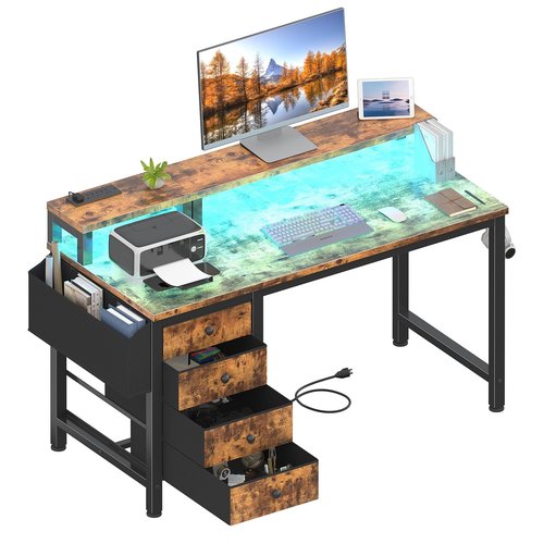 Lufeiya Gaming Desk with LED Lights and Power Outlets, 47 inch Computer Desk with Fabric Drawers, Reversible Home Office Desk with Monitor Stand, Black