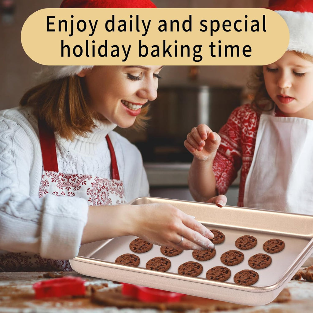 Small Cookie Sheet Pan 9x11 Inch - Nonstick Baking Tray 2-Pack | Heavy Duty Carbon Steel, Gold Finish