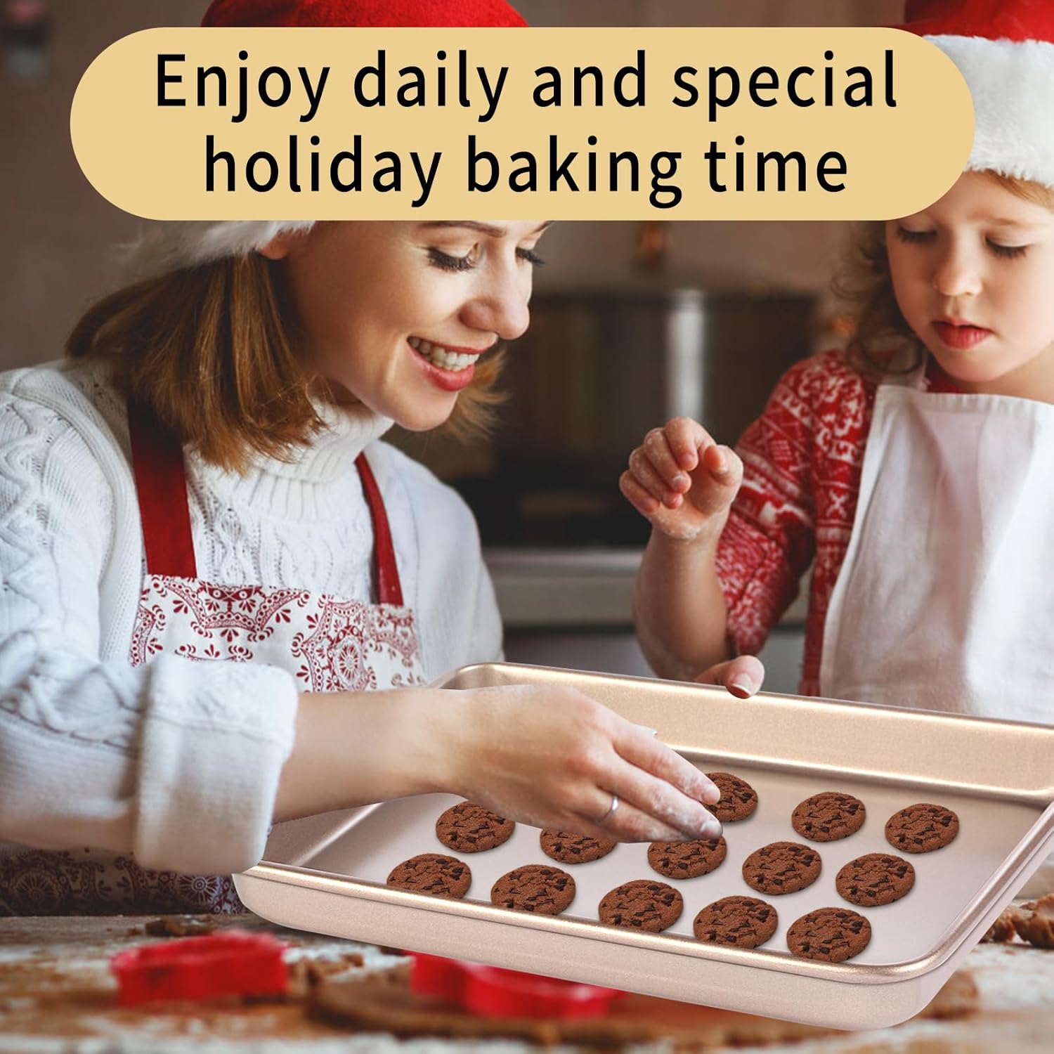 Small Cookie Sheet Pan 9x11 Inch - Nonstick Baking Tray 2-Pack | Heavy Duty Carbon Steel, Gold Finish