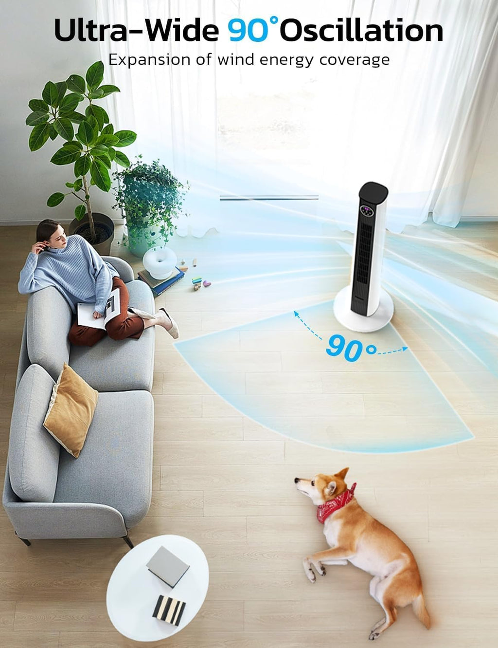 ZAFRO Tower Fan - 90° Oscillating Design with 4 Modes, 3 Speeds & 12H Timer | 36-Inch Black & White