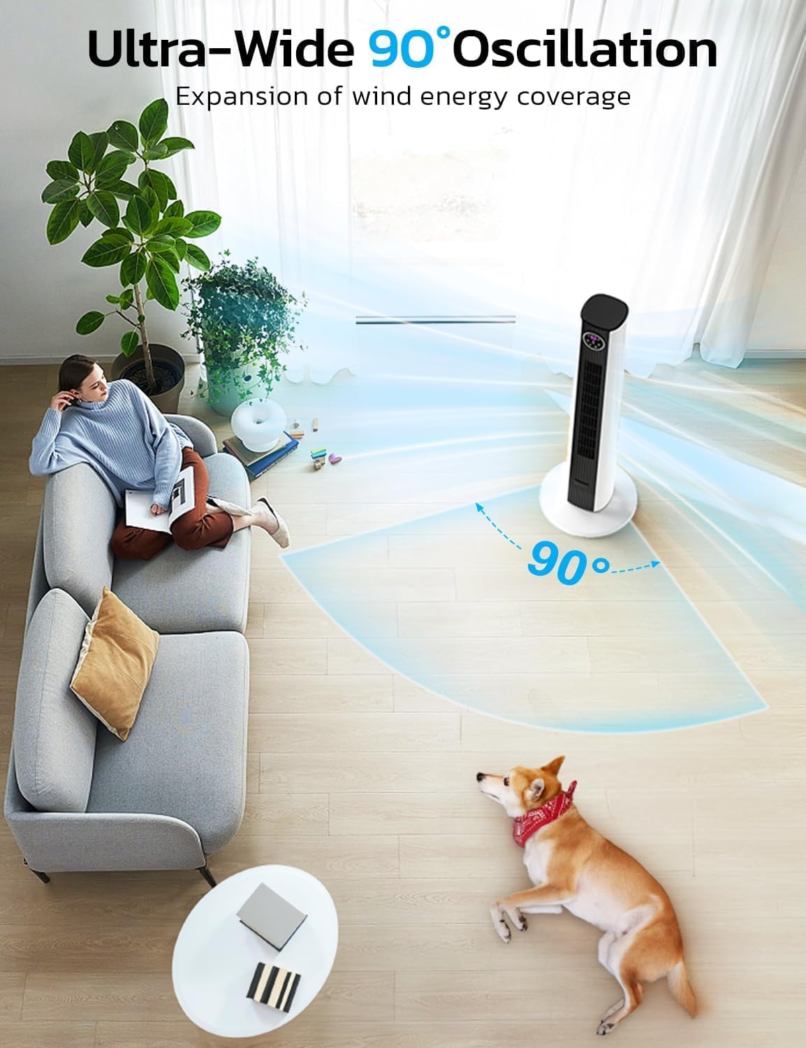 ZAFRO Tower Fan - 90° Oscillating Design with 4 Modes, 3 Speeds & 12H Timer | 36-Inch Black & White