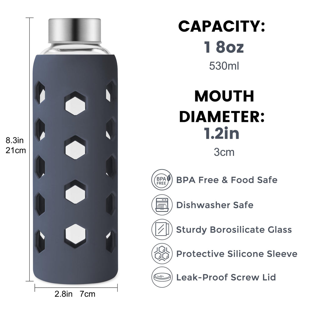 Mrsdry Glass Juice Bottles with Lids and Silicone Sleeves 18 oz, 4-Pack Reusable Clear Glass Water Bottles with Stainless Steel Airtight Cap for Juicing, Refrigerator, BPA Free Leak-Proof Drinking Jar