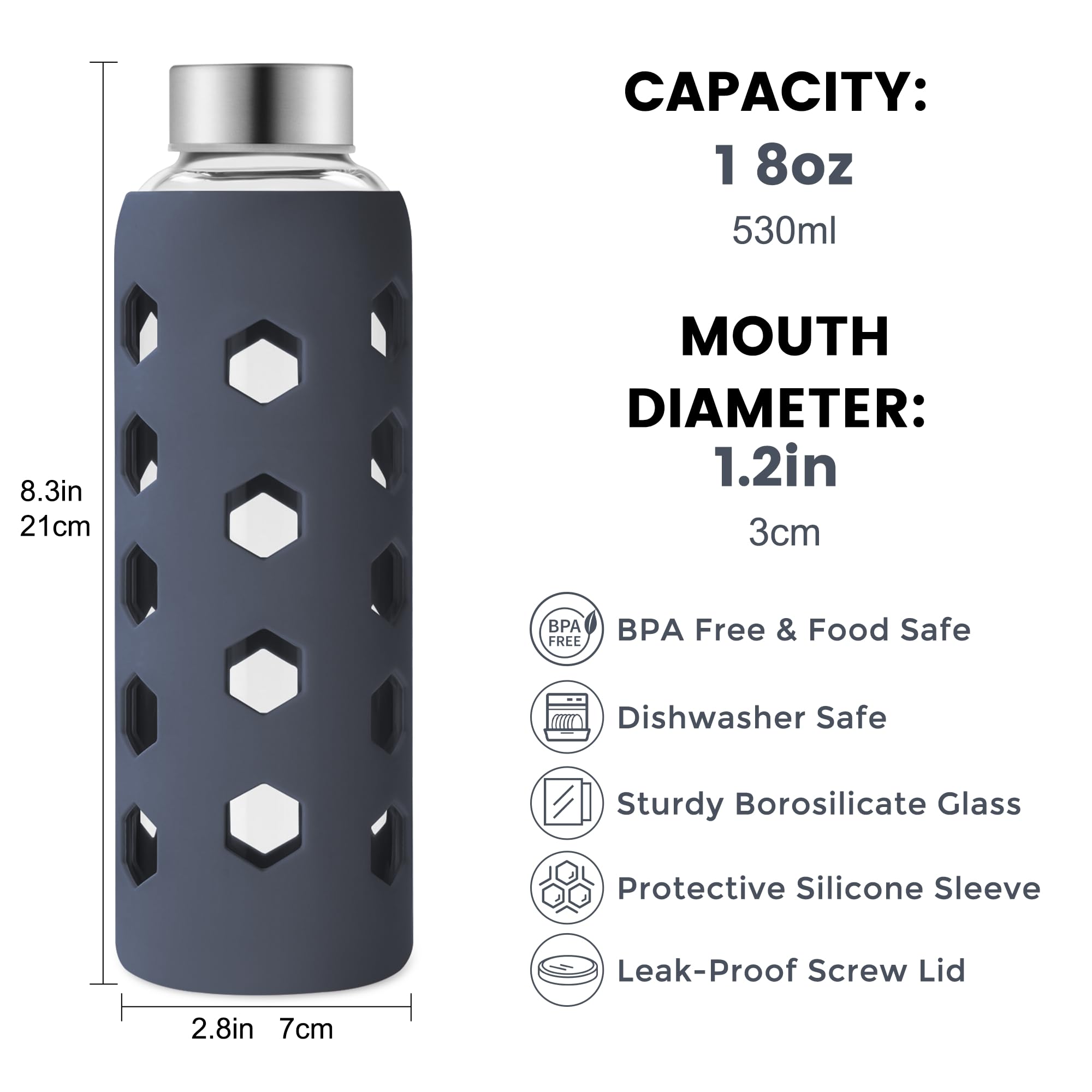 Mrsdry Glass Juice Bottles with Lids and Silicone Sleeves 18 oz, 4-Pack Reusable Clear Glass Water Bottles with Stainless Steel Airtight Cap for Juicing, Refrigerator, BPA Free Leak-Proof Drinking Jar