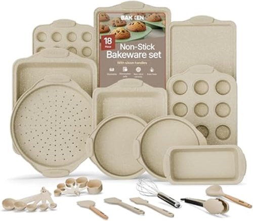 BAKKENMASTER 18-Piece Nonstick Bakeware Set - Professional Carbon Steel Pans with White Silicone Handles