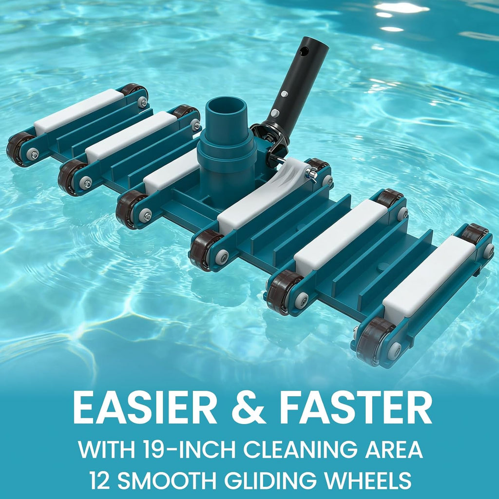 POOLWHALE 19" Heavy Duty Pool Vacuum Head - Flexible, Extra-Wide Design with Swivel Handle for Easy Cleaning