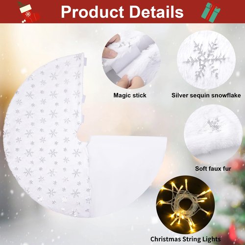 48 Inches Christmas Tree Skirt, Snowy Faux Fur White Tree Skirts with Silver Sequin Snowflakes for Xmas Tree Home Holiday Party Indoor Christmas Decorations with String Lights