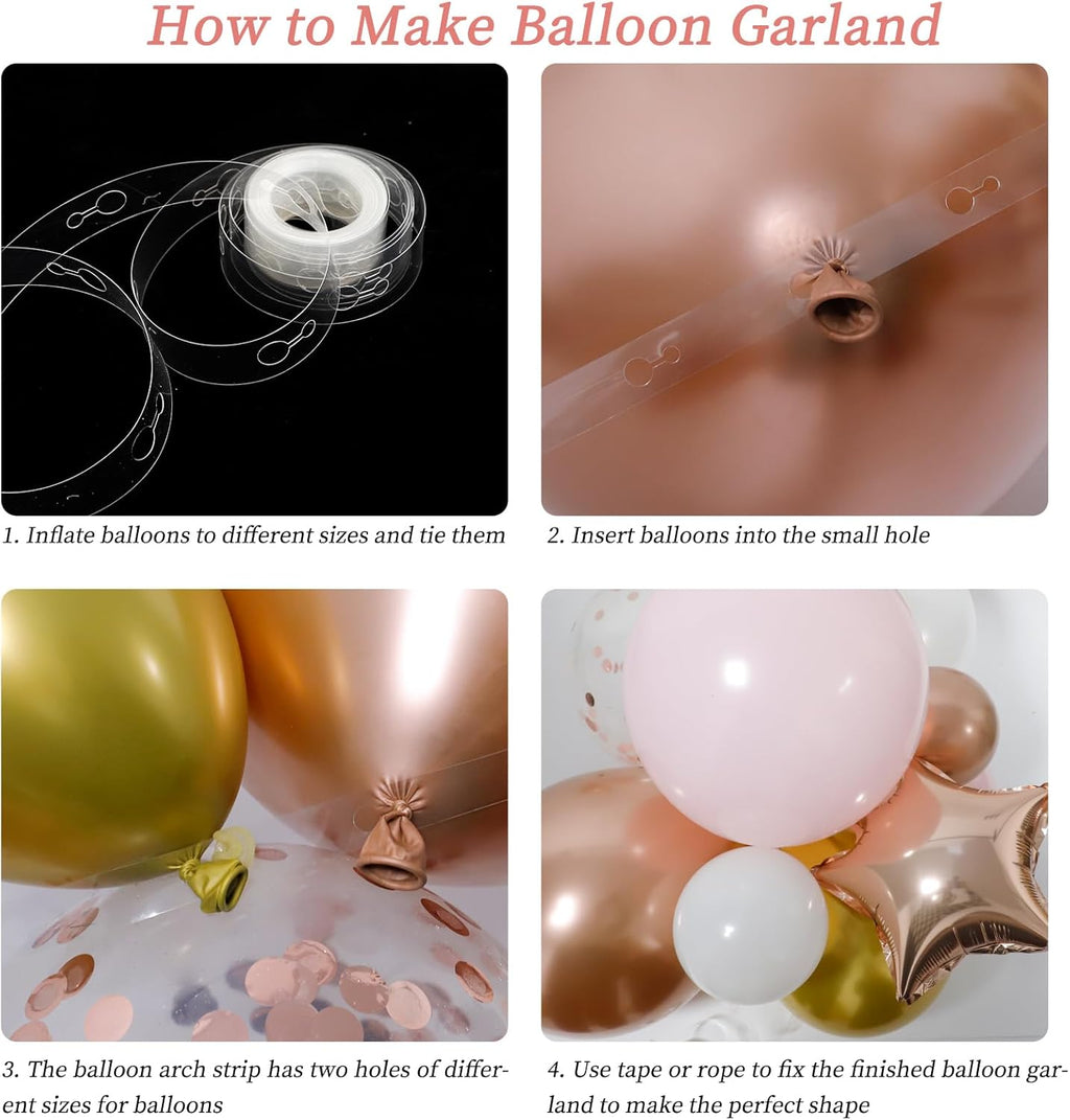 RUBFAC Rose Gold Balloon Garland Arch Kit - 140pcs Light Pink, Gold & White Balloons for Celebrations