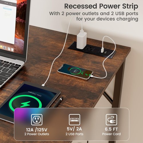 COSTWAY Home Office Desk, 32 Inch Computer Desk with Recessed Power Strip, Storage Bag & Headphone Hook, Wide Desktop, Modern Computer Workstation Writing Table for Home, Office (Rustic Brown + Black)