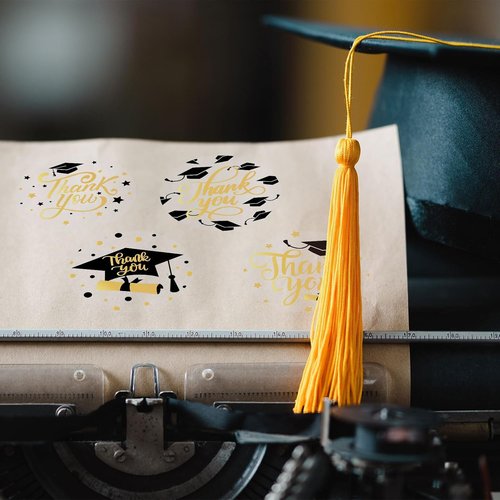 FYSUIMU Graduation Stickers - 1000Pcs Gold Foil Thank You Labels | Self-Adhesive Grad Cap Designs