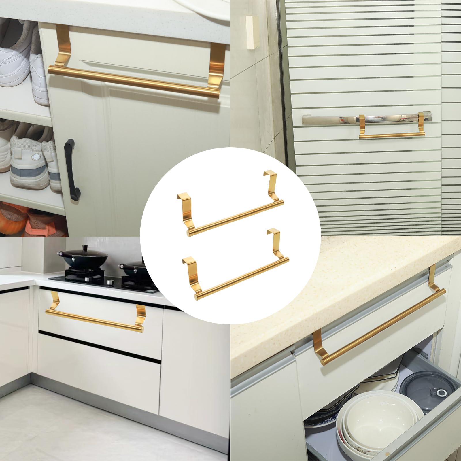 Pocoxll 2 Pack Gold Towel Holder, 9 Inch Stainless Steel Towel Holders, Kitchen Towel Rack, Over Cabinet Door Towel Bar, Suitable for Universal Installation in Kitchens and Bathrooms(Small)