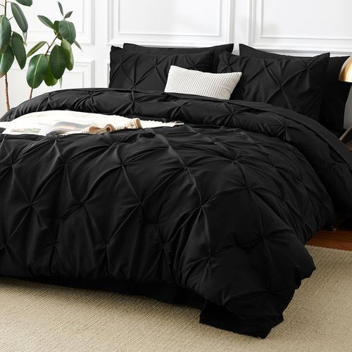 CozyLux Queen Comforter Set - 7-Piece Pintuck Bedding in Premium Black | Includes Comforter, Sheets & Pillowcases