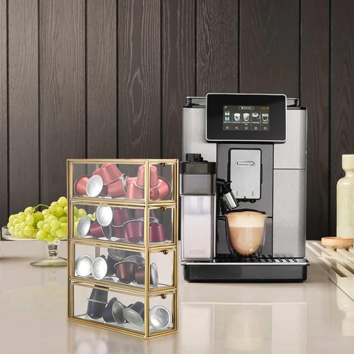 ELLDOO Coffee Pod Holder with 4 Drawers, Gold Glass Coffee Pod Organizer for K Cup Espresso, Clear Coffee Capsule Storage Holder for Coffee Bar Office Home Coffee Station Counter
