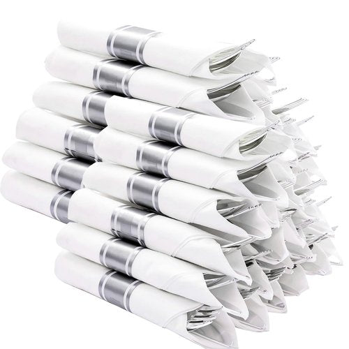 N9R 120 Pack Pre Rolled Silver Plastic Silverware Set, Wrapped Silverware Set Disposable with 120 Forks, 120 Knives, 120 Spoons, 120 Napkins, Disposable Cutlery Set for Party and Wedding
